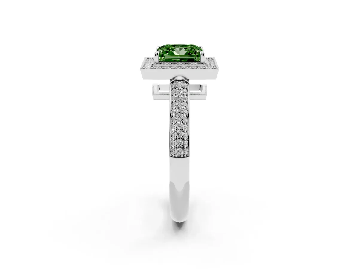 Fancy Green Princess Cut Cut Halo Diamond Pave Band with Four-Prong Setting Platinum