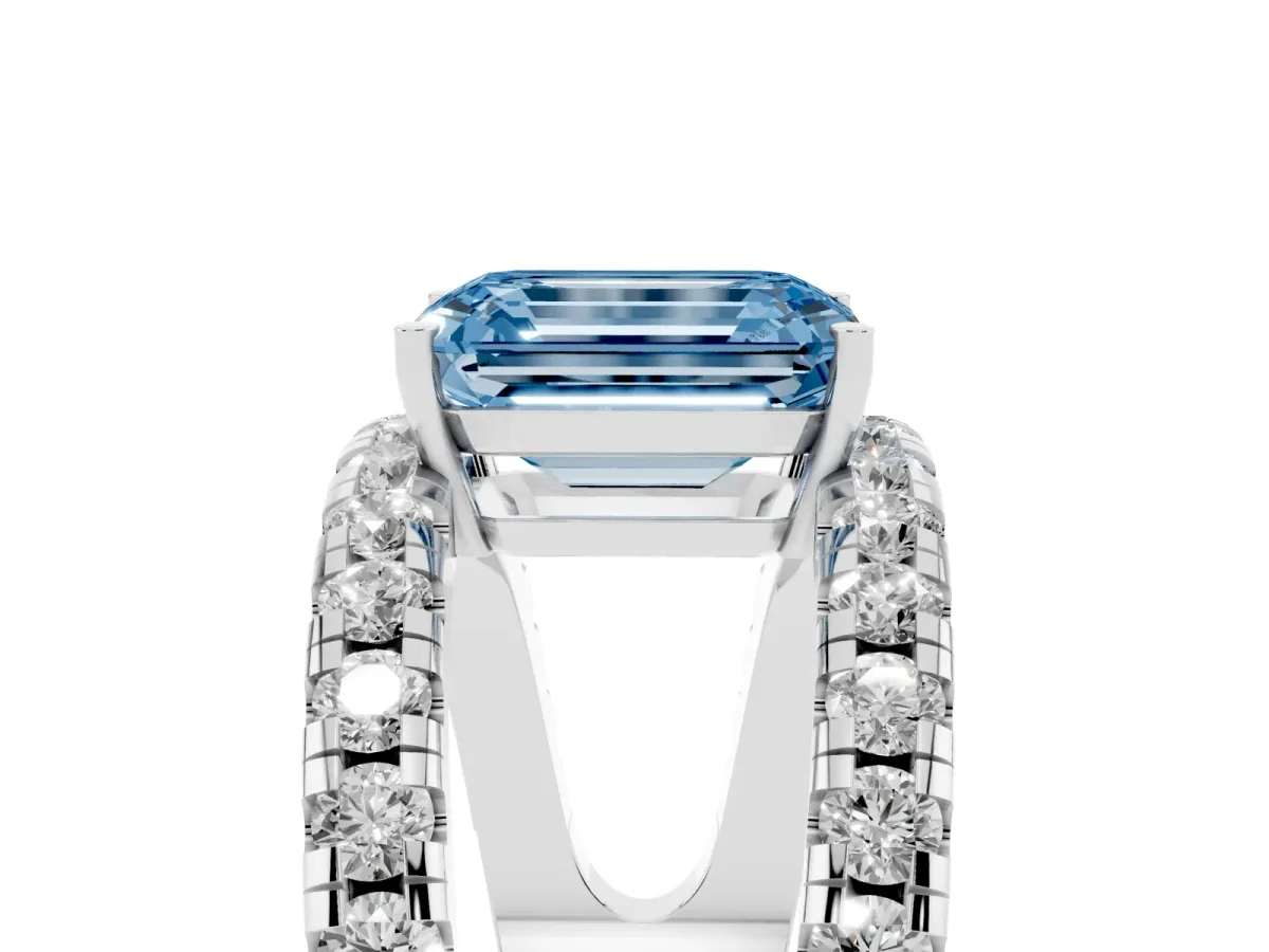 Fancy Blue Emerald Cut Solitaire Split Shank Pave Diamond Ring Silver