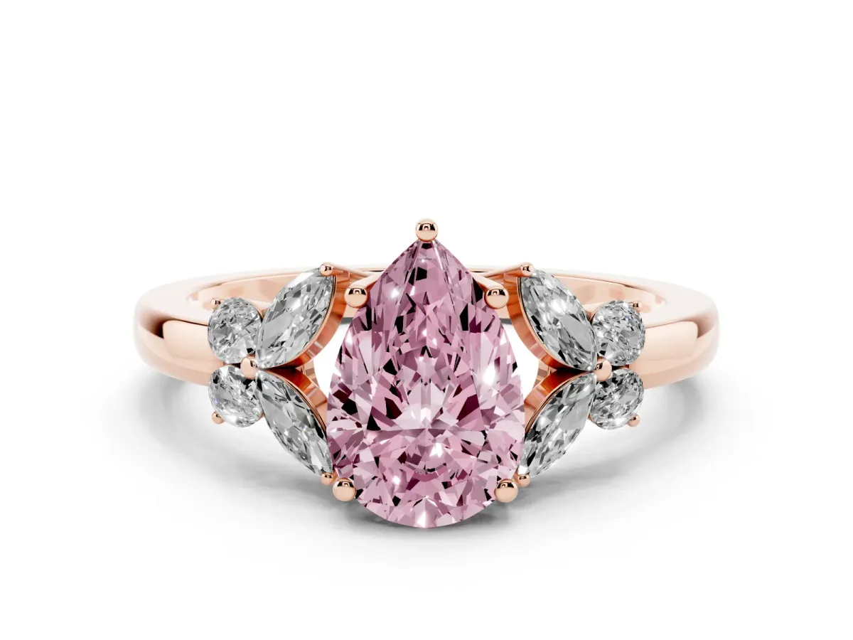 Fancy Pink Pear Cut Cut Solitaire Floral Diamond Ring with Four-Prong Setting Rose gold