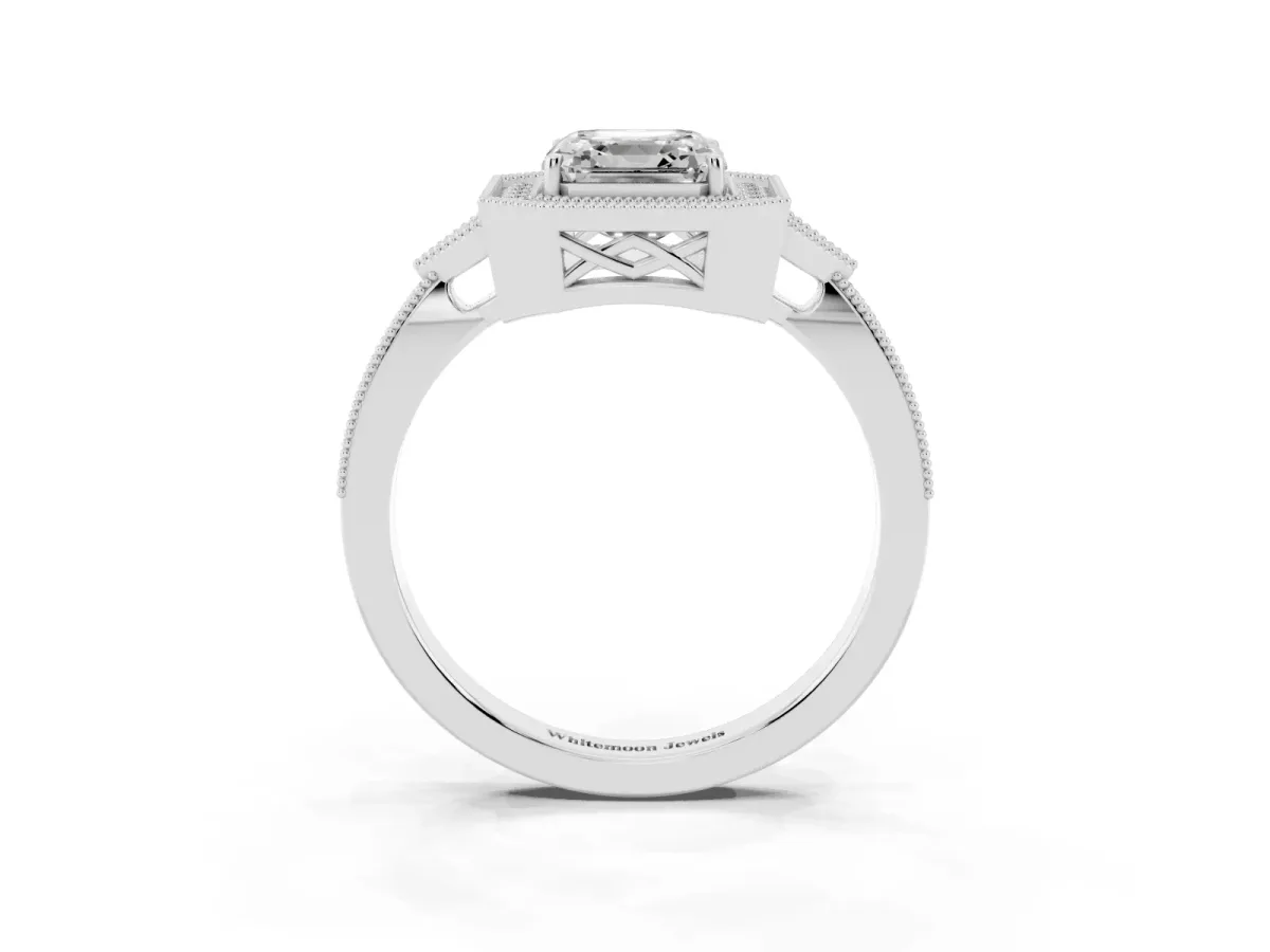 Asscher Cut Halo Round Diamond Milgrain Pave Engagement Ring Silver