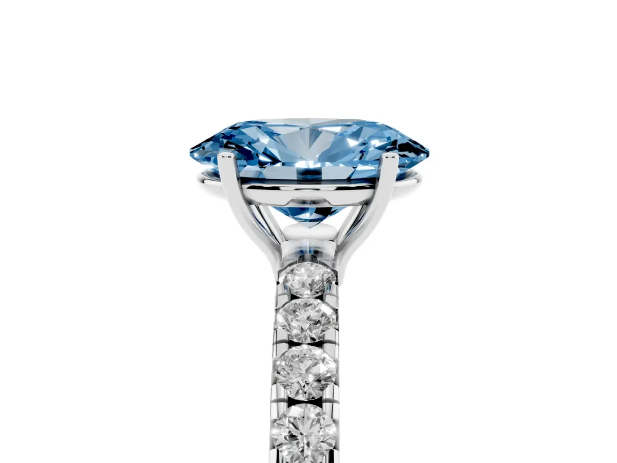 Fancy Blue Oval Cut Diamond Pavé Solitaire Engagement Ring with Four-Prong Setting Platinum