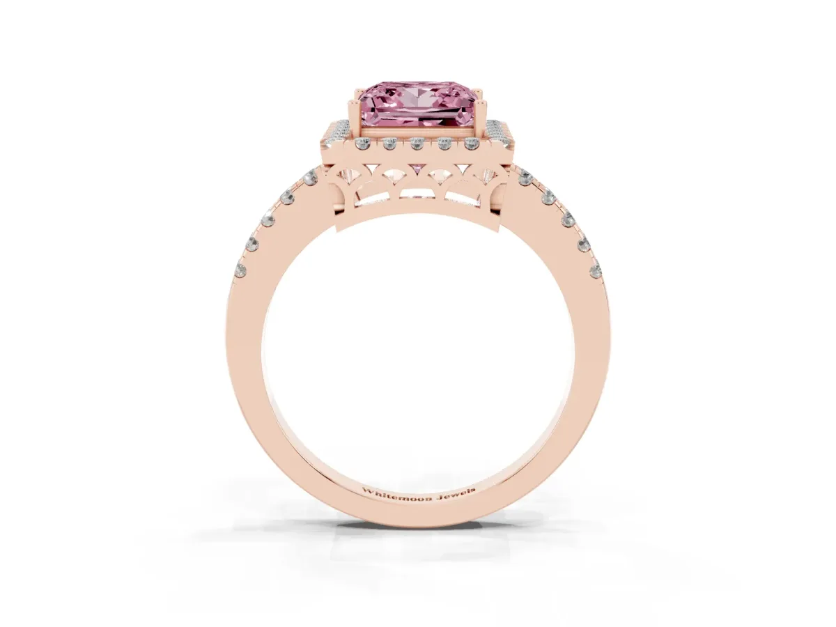 Fancy Pink Princess Cut Halo Diamond Engagement Ring with Pavé Band and Four-Prong Setting Rose gold