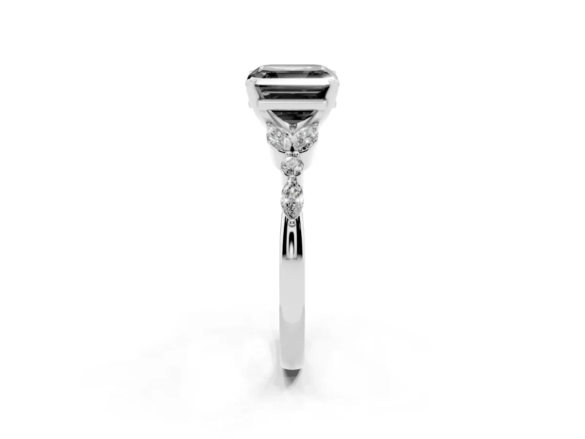 Fancy Black Asscher Cut Diamond Solitaire Ring with Side Stones and Four-Prong Setting White gold