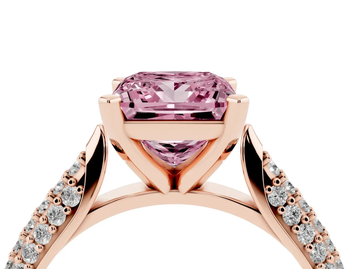 Fancy Pink Princess Cut Diamond Solitaire Engagement Ring with Multi-Row Round Pavé Band and Prong Setting Rose gold