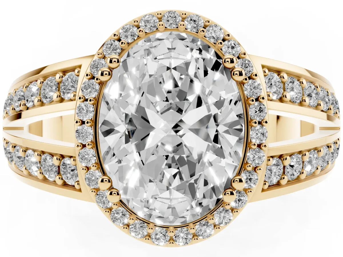 Oval Cut Diamond Halo Ring with Split Shank Pavé Band and Four-Prong Setting Yellow gold