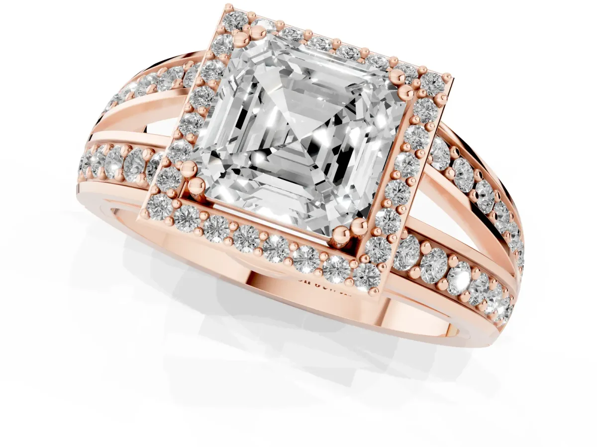 Asscher Cut Diamond Halo Ring with Split Shank Pavé Band and Four-Prong Setting Rose gold