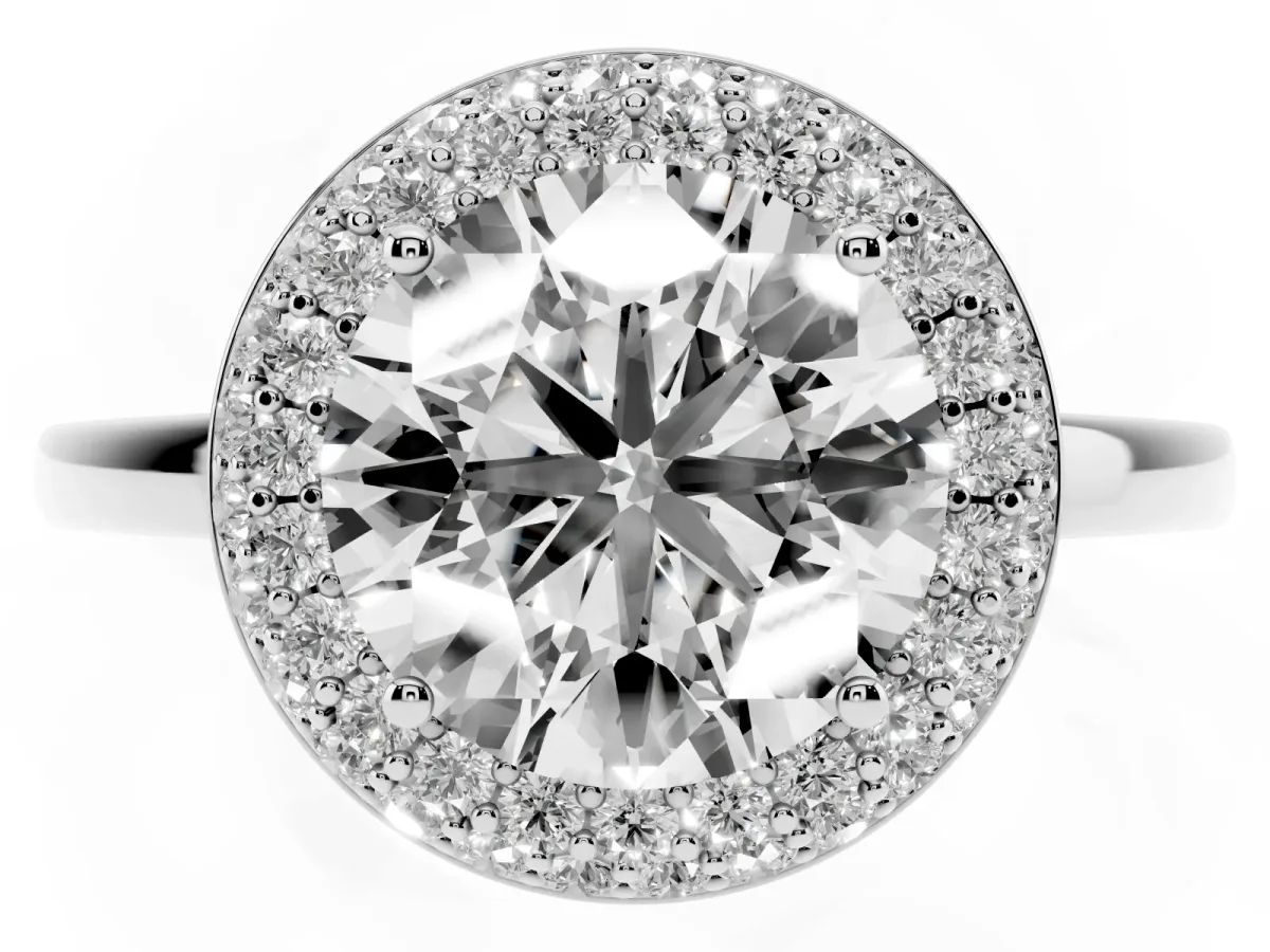 Round Cut Halo Diamond Engagement Ring with Solitaire Band and Four-Prong Setting Platinum