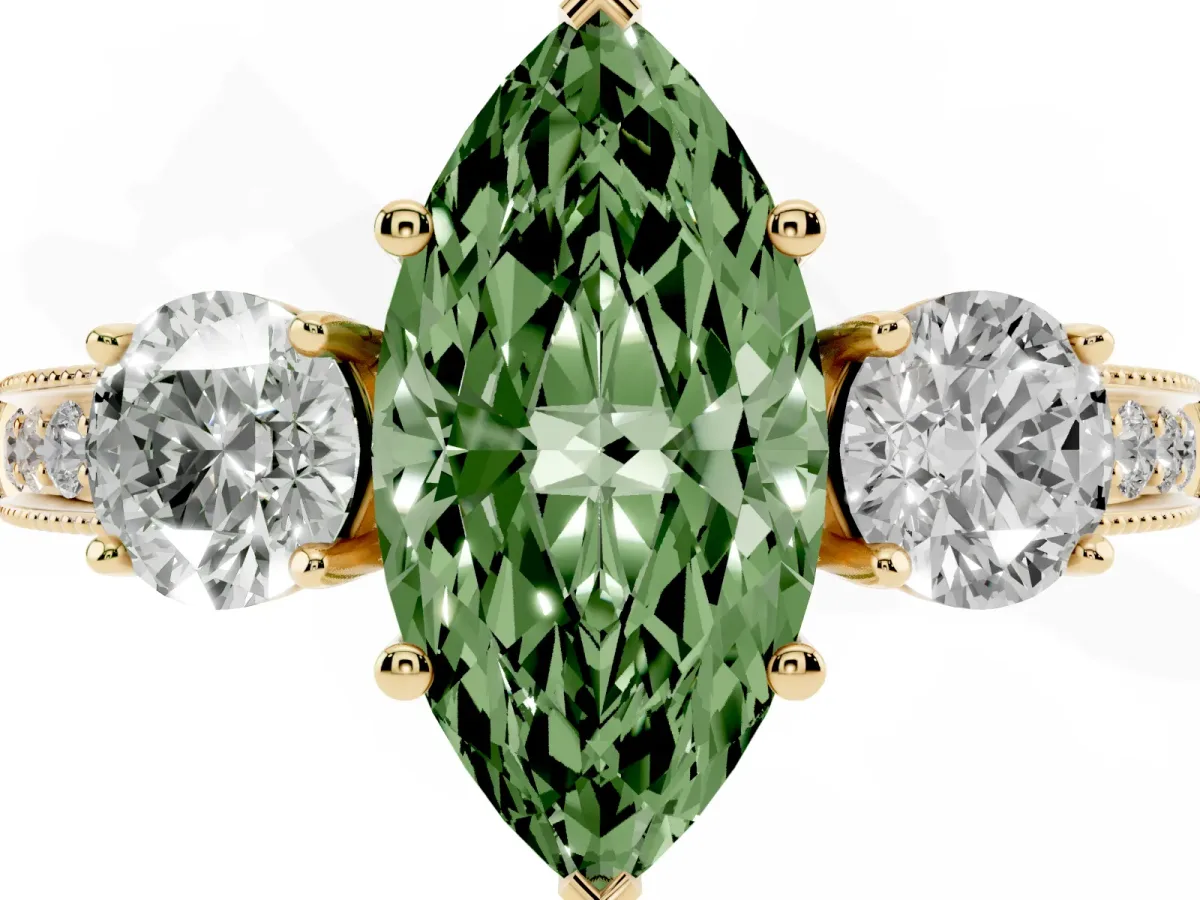 Fancy Green Marquise Cut Three-Stone Diamond Ring with Pavé Band and Four-Prong Setting Yellow gold