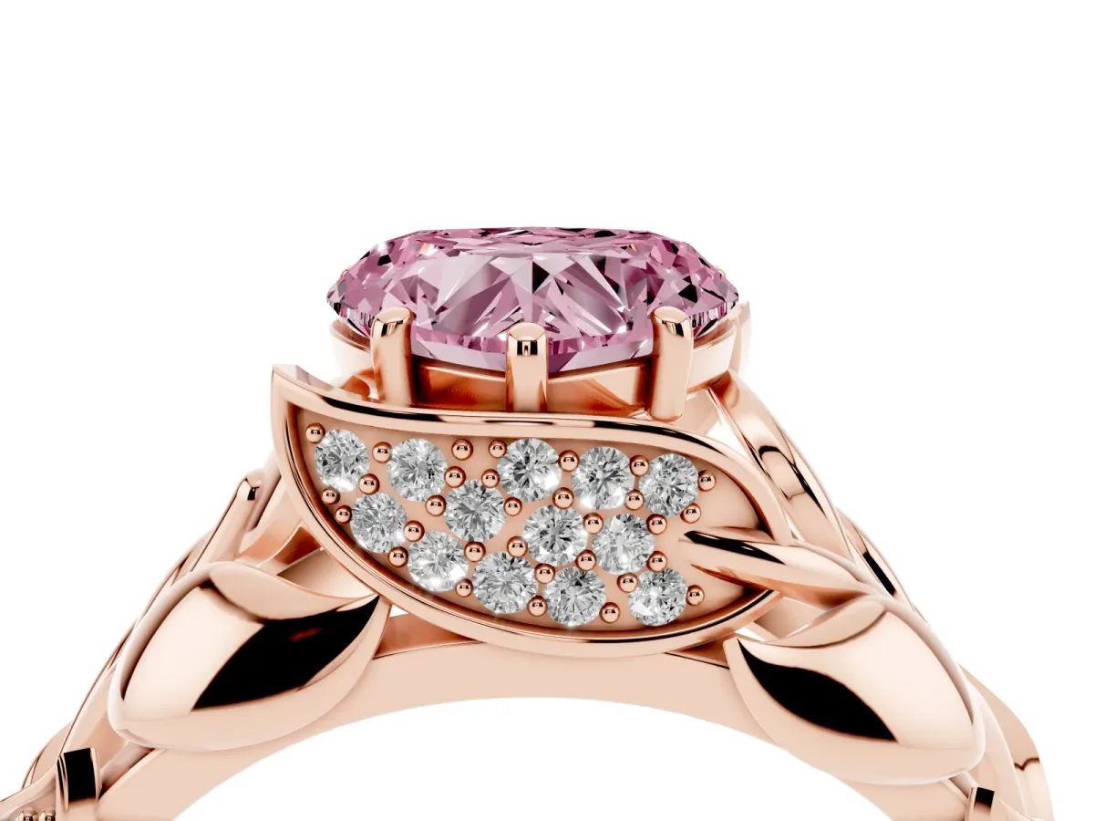 Fancy Pink Heart Cut Diamond Leaf-Inspired Engagement Ring with Round Accents and Prong Setting Rose gold