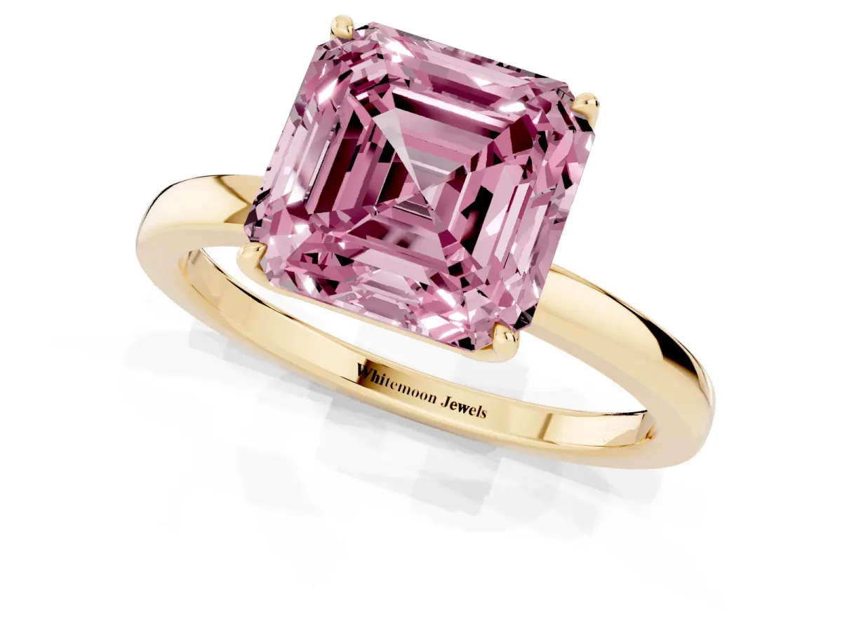 Fancy Pink Asscher Cut Diamond Solitaire Ring with Thin Band and Prong Setting Yellow gold