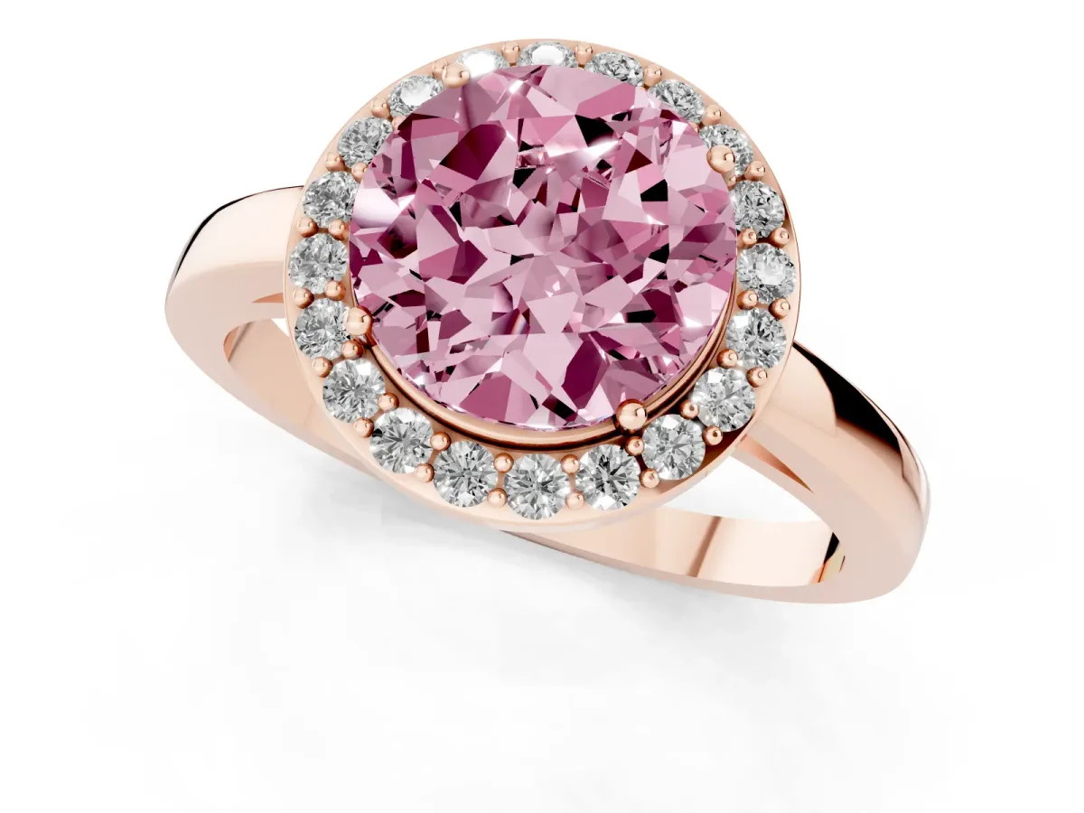 Fancy Pink Round Cut Halo Diamond Ring with Solitaire Band and Prong Setting Rose gold