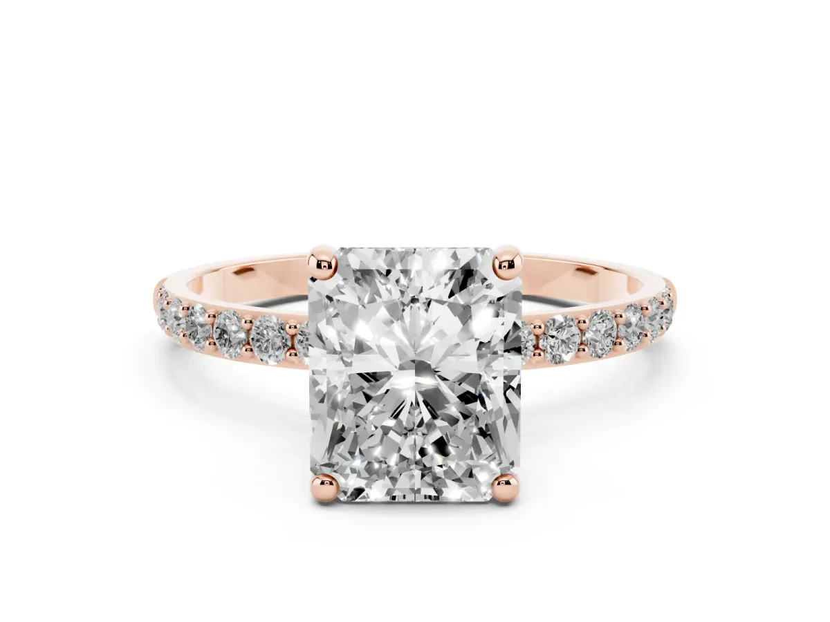 Radiant Cut Diamond Solitaire Ring with Round Pavé Band and Prong Setting Rose gold