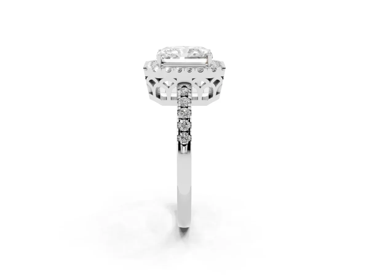 Radiant Cut Halo Diamond Engagement Ring with Pavé Band and Four-Prong Setting Silver