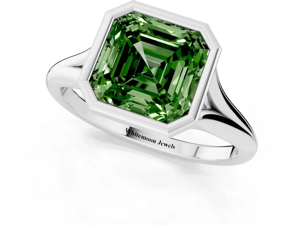 Fancy Green Bezel Set Asscher Cut Cut Solitaire Ring with Tapered Band Silver