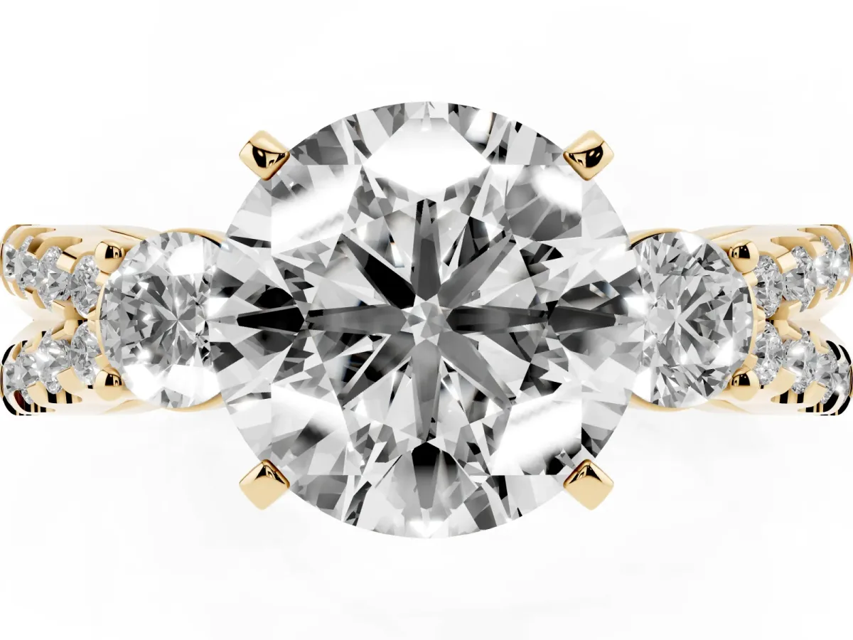 Round Cut Diamond Three-Stone Ring with Pavé Split Shank and Four-Prong Setting Yellow gold