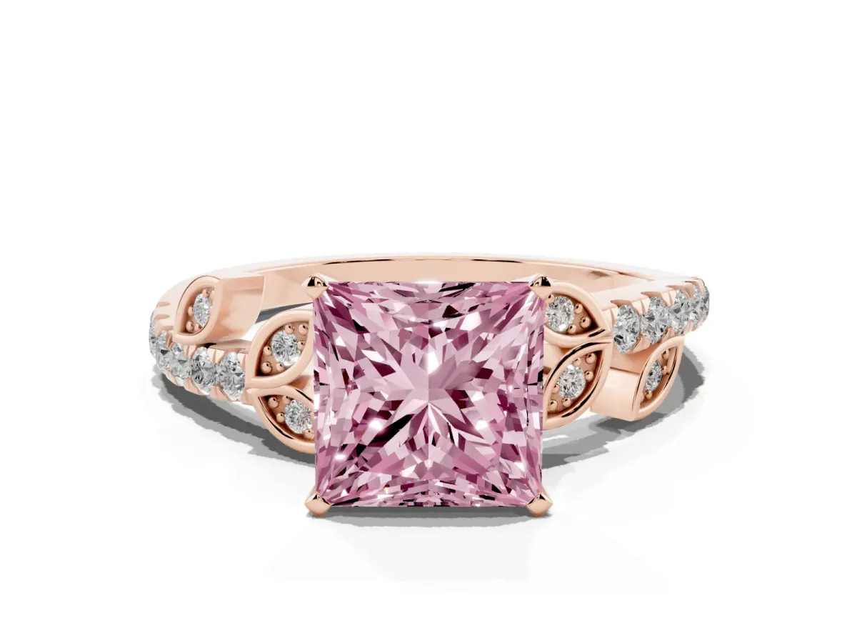 Fancy Pink Princess Cut Solitaire Leaf-Inspired Diamond Ring with Pavé Band and Four-Prong Setting Rose gold