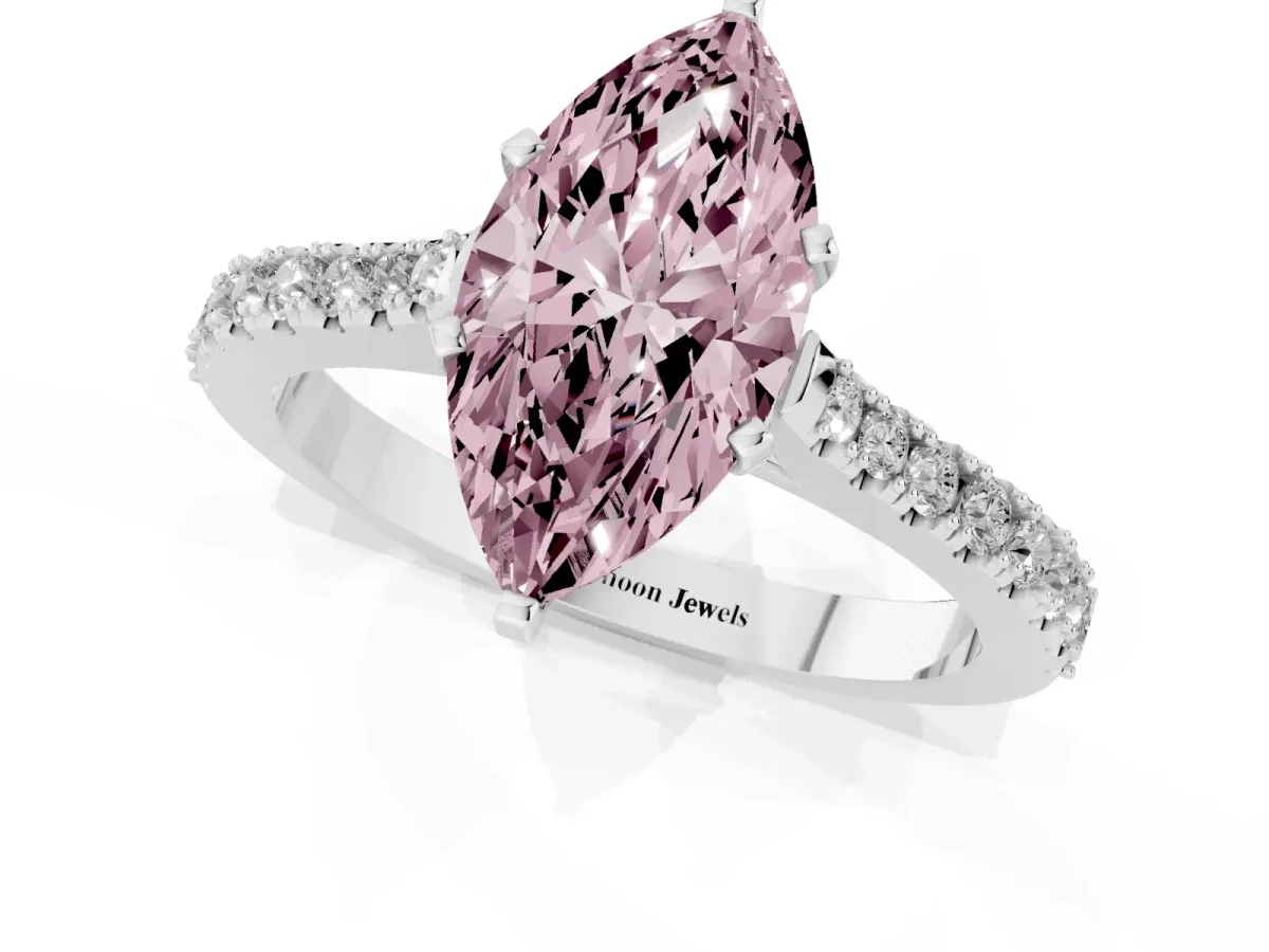 Fancy Pink Marquise Cut Cut Solitaire Diamond Engagement Ring with Pave Band and Four-Prong Setting Platinum