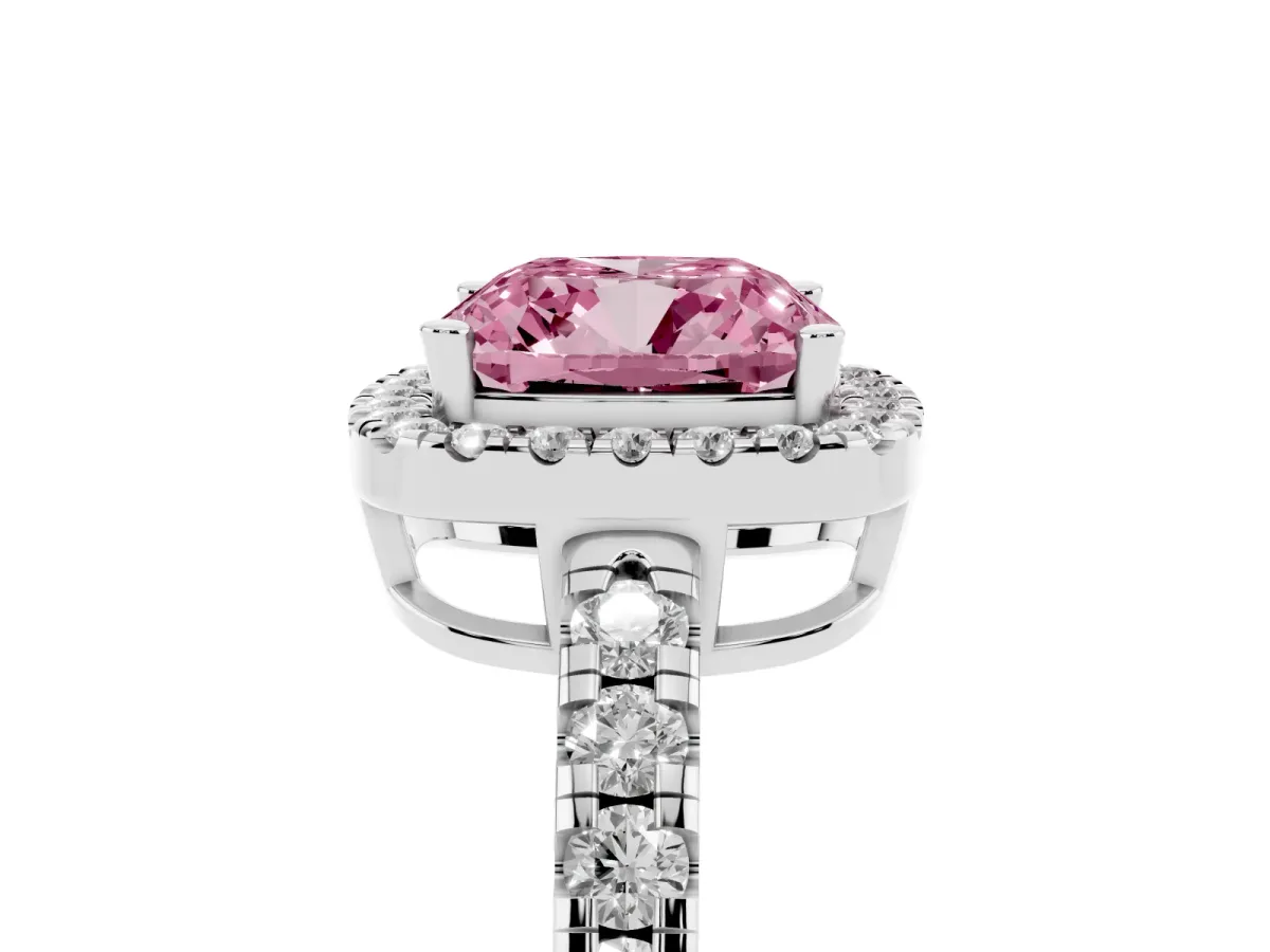Fancy Pink Cushion Cut Diamond Halo Ring with Pavé Band and Four-Prong Setting Platinum