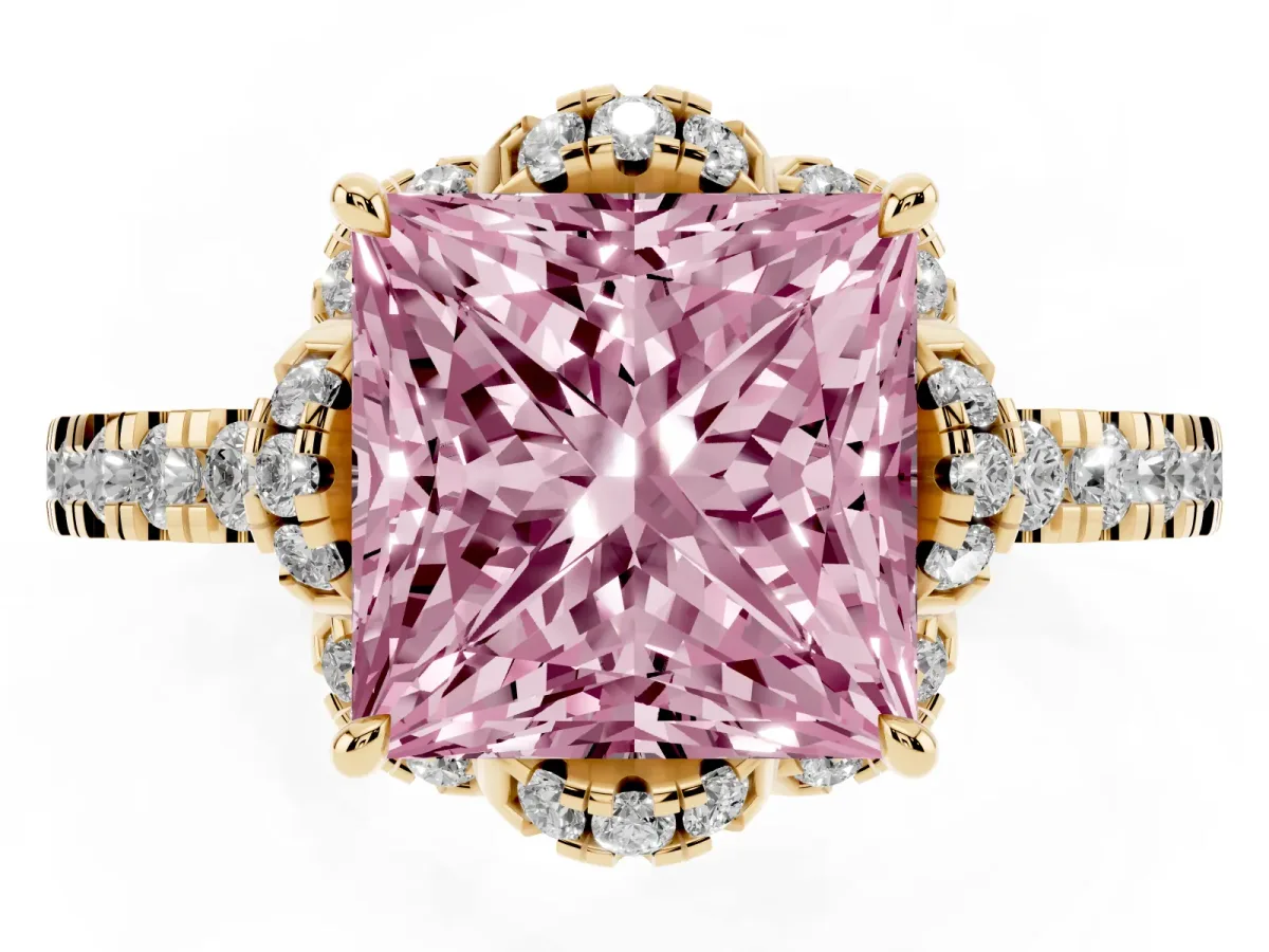 Fancy Pink Princess Cut Halo Diamond Pave Band Ring with Four-Prong Setting Yellow gold