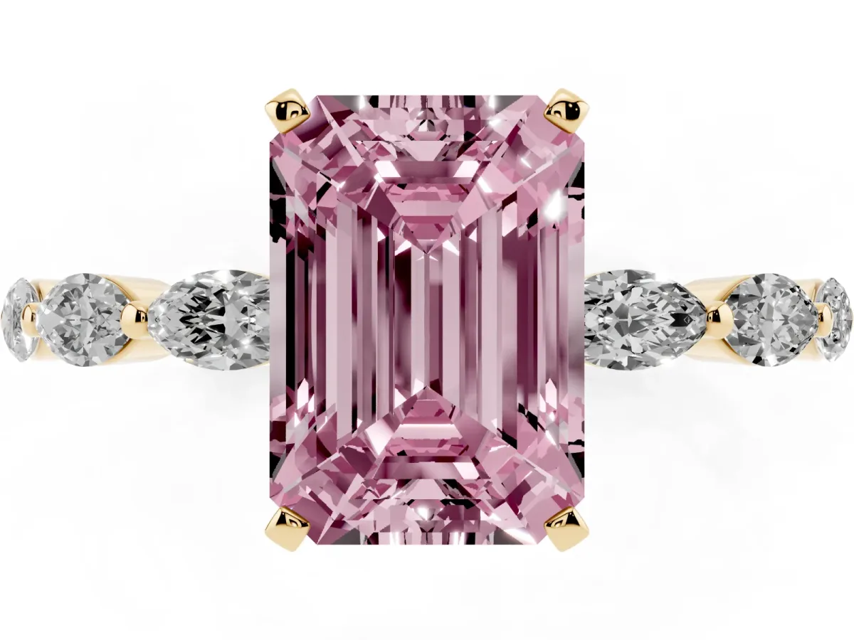 Fancy Pink Emerald Cut Diamond Ring with Marquise Side Stones and Prong Setting Yellow gold