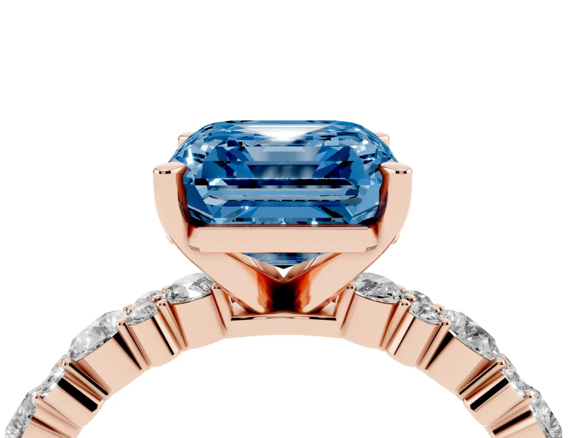 Fancy Blue Asscher Cut Diamond Side Stone Solitaire Ring with Round and Four-Prong Setting Rose gold
