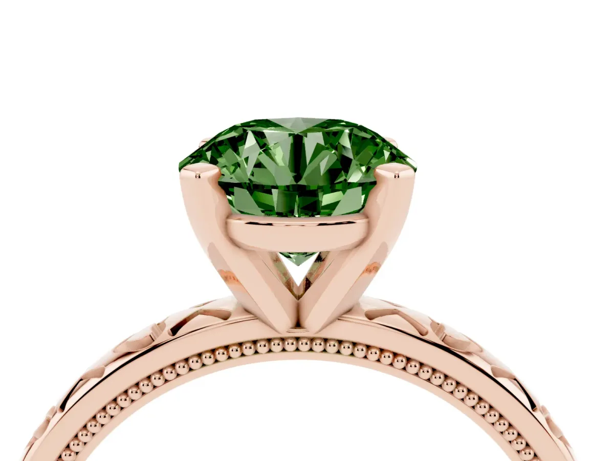 Fancy Green Round Cut Solitaire Diamond Engagement Ring with XO Engraved Band and Four-Prong Setting Rose gold