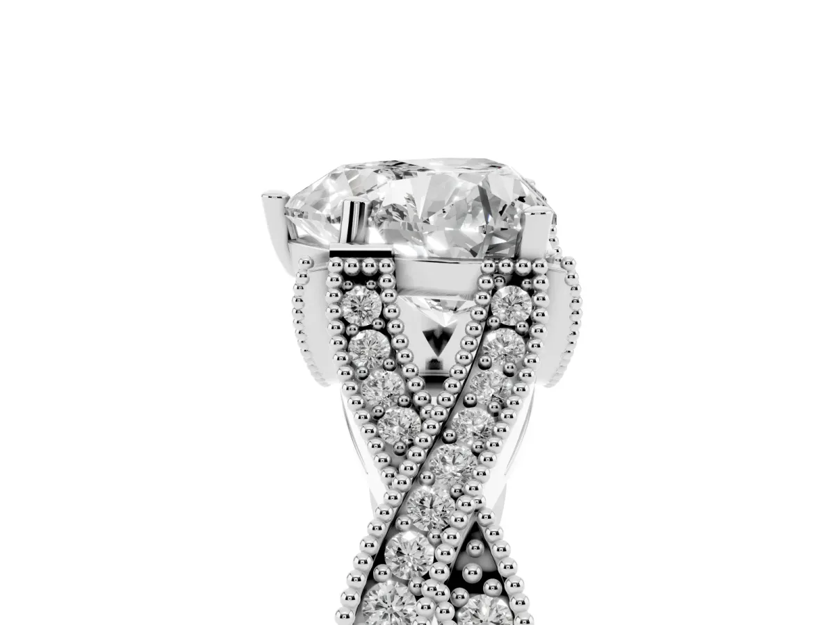 Heart Cut Cut Diamond Twisted Band with Milgrain Pave Setting and Four-Prong Setting Silver