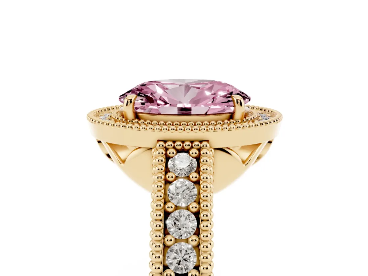 Fancy Pink Oval Cut Cut Halo Diamond Ring with Pavé Band and Four-Prong Setting Yellow gold
