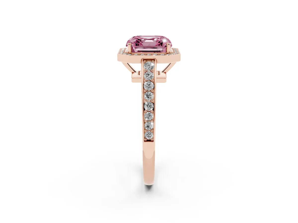 Fancy Pink Asscher Cut Halo Pavé Diamond Engagement Ring with Bezel Setting Rose gold