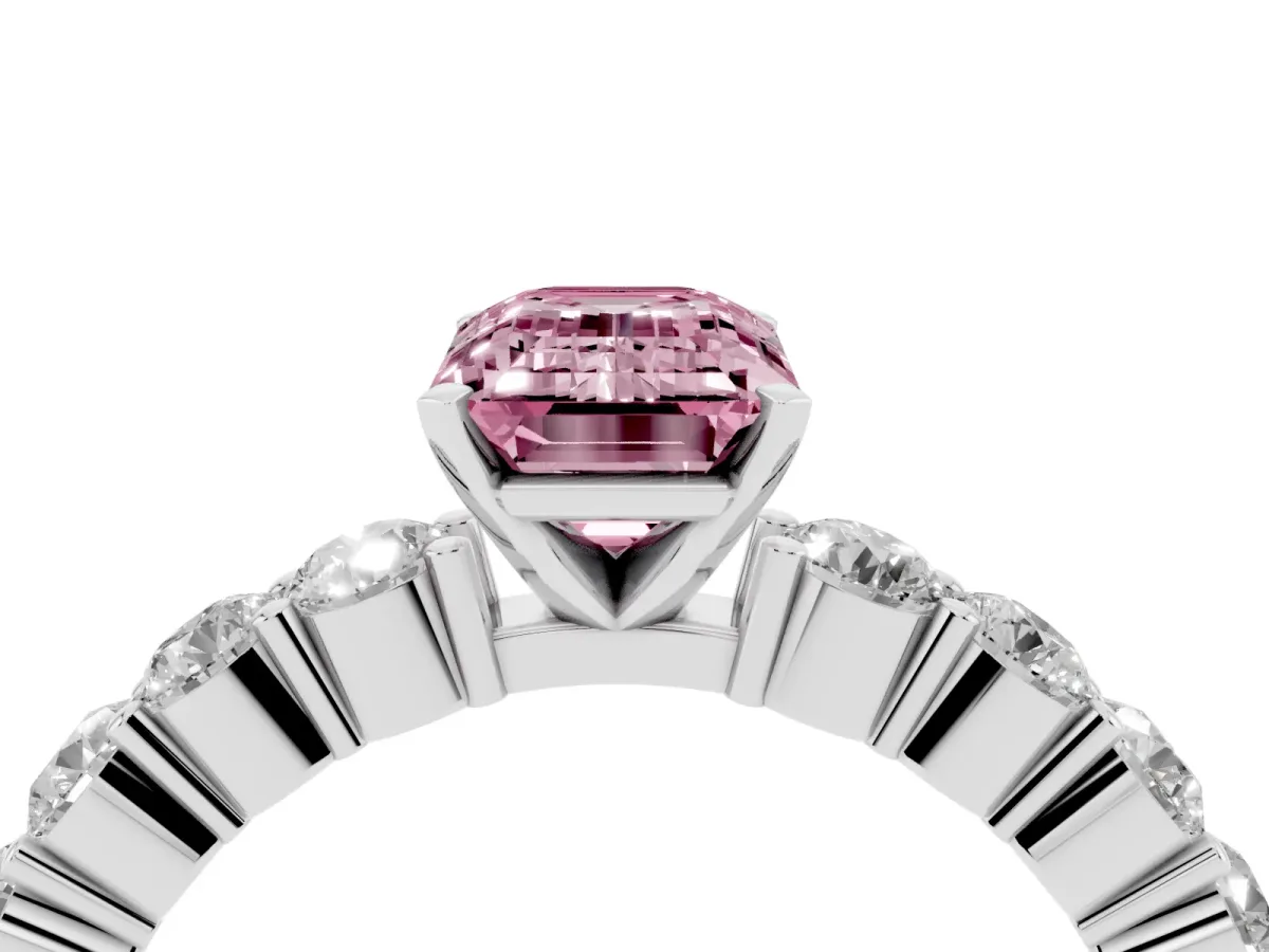 Fancy Pink Emerald Cut Diamond Solitaire Ring with Shared Prong Round Side Stones Silver