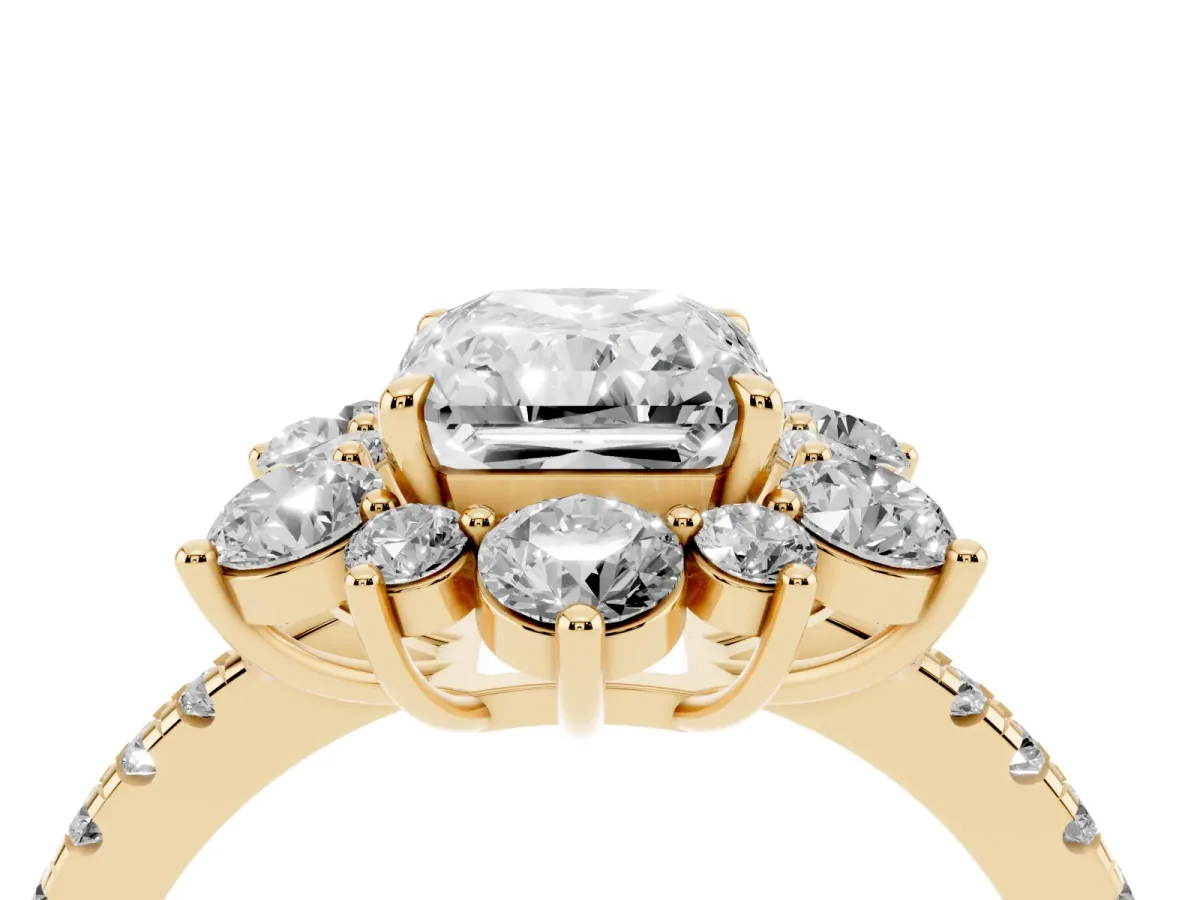 Radiant Cut Diamond Floral Halo Ring with Round Pavé Band and Prong Setting Yellow gold