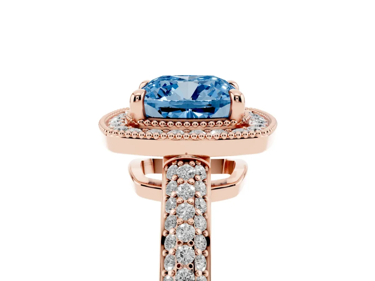 Fancy Blue Cushion Cut Cut Halo Diamond Pave Band with Four-Prong Setting Rose gold