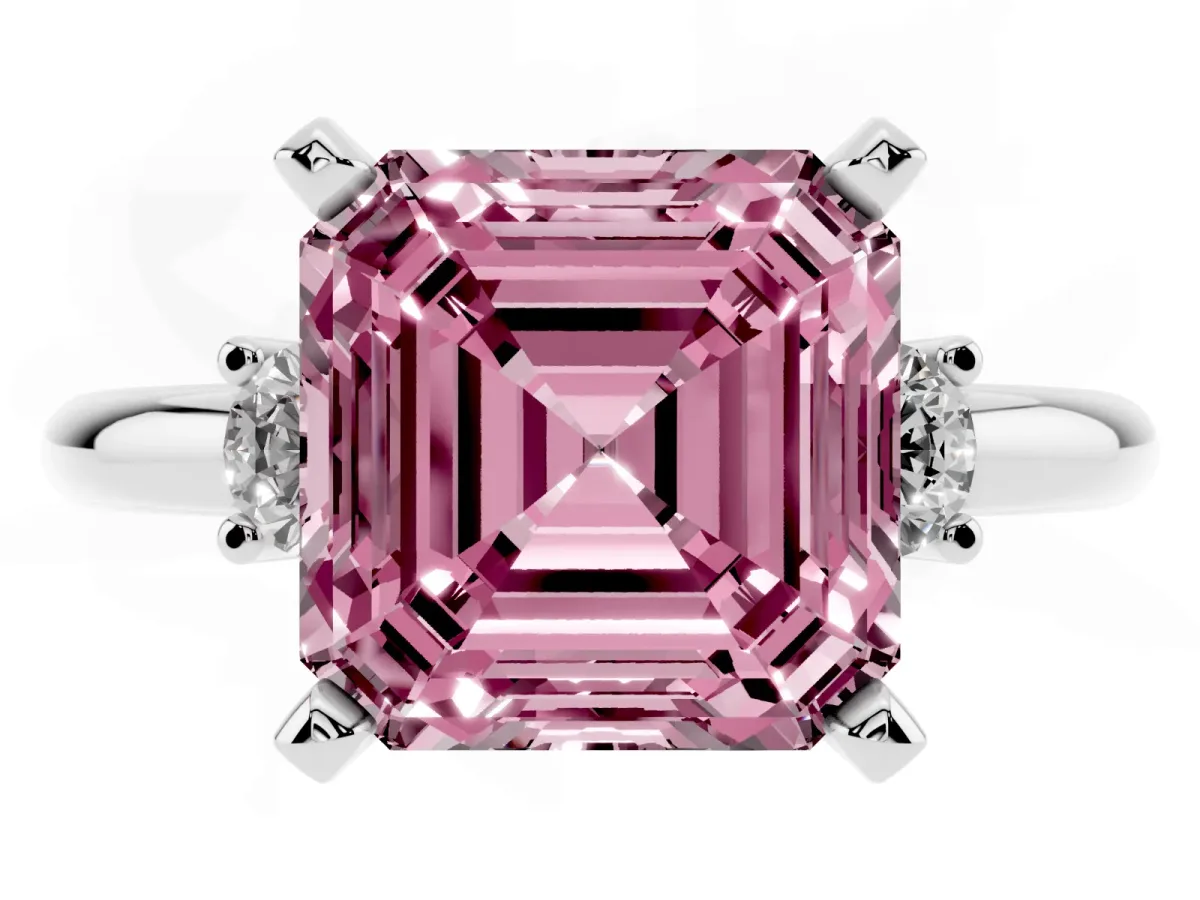 Fancy Pink Three-Stone Asscher Cut Cut Diamond Solitaire with Prong Setting and Classic Band Silver