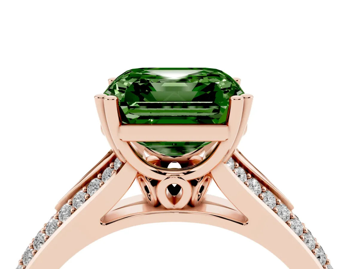 Fancy Green Asscher Cut Diamond Split Shank Engagement Ring with Pavé Band Rose gold