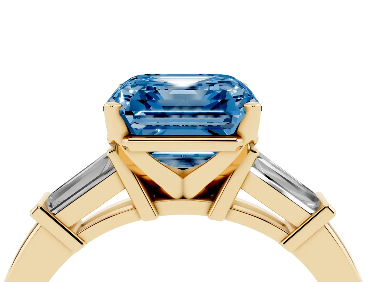 Fancy Blue Asscher Cut Cut Diamond Solitaire Ring with Tapered Baguette Accents and Four-Prong Setting Yellow gold