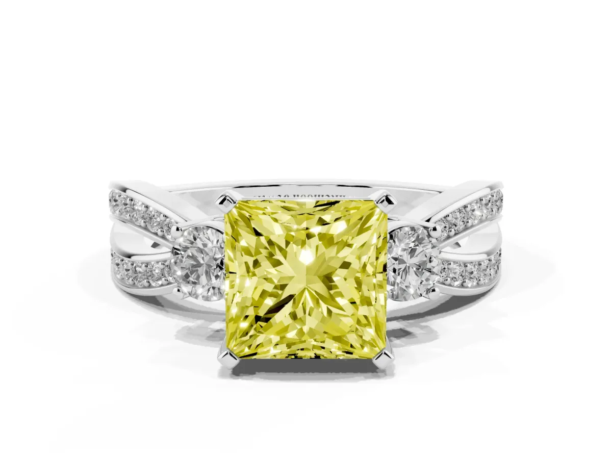 Fancy Yellow Three-Stone Princess Cut Cut Diamond Twist Band with Prong Setting Silver