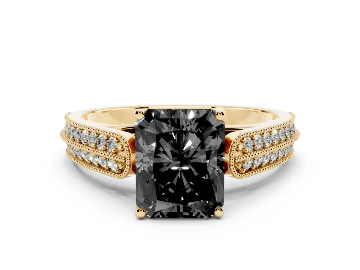 Fancy Black Radiant Cut Cut Pave Split Shank Engagement Ring with Four-Prong Setting Yellow gold