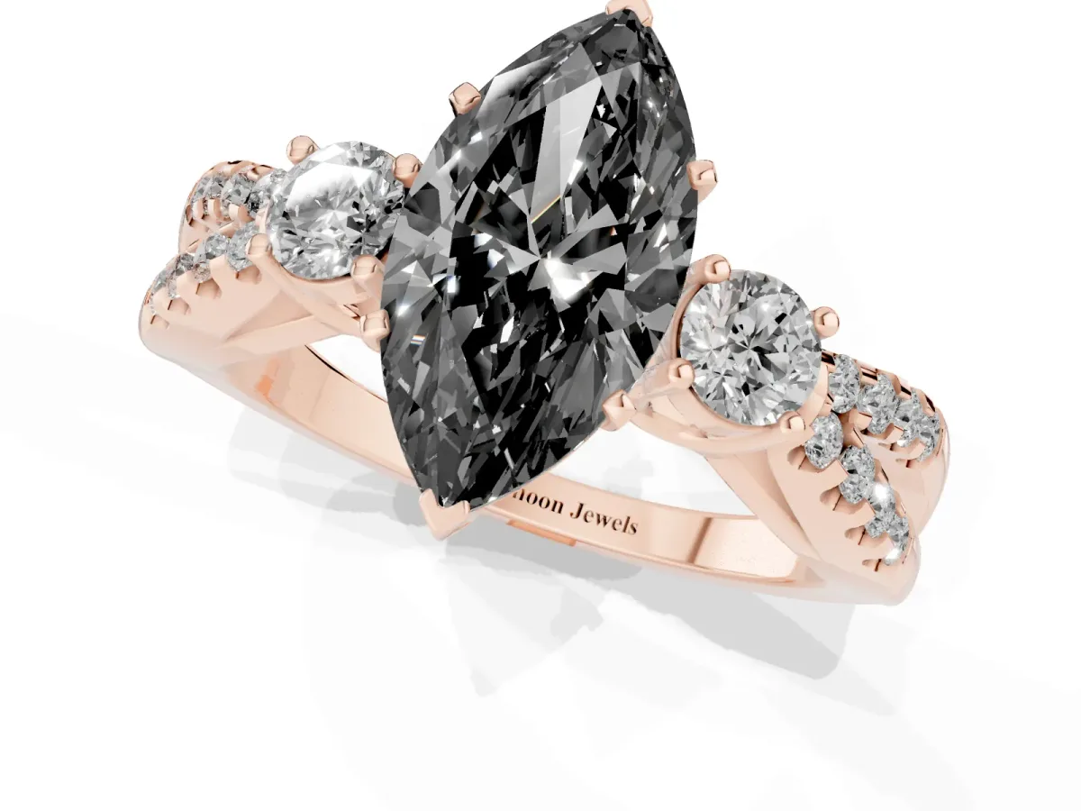 Fancy Black Marquise Cut Diamond Three-Stone Ring with Pavé Split Shank and Four-Prong Setting Rose gold