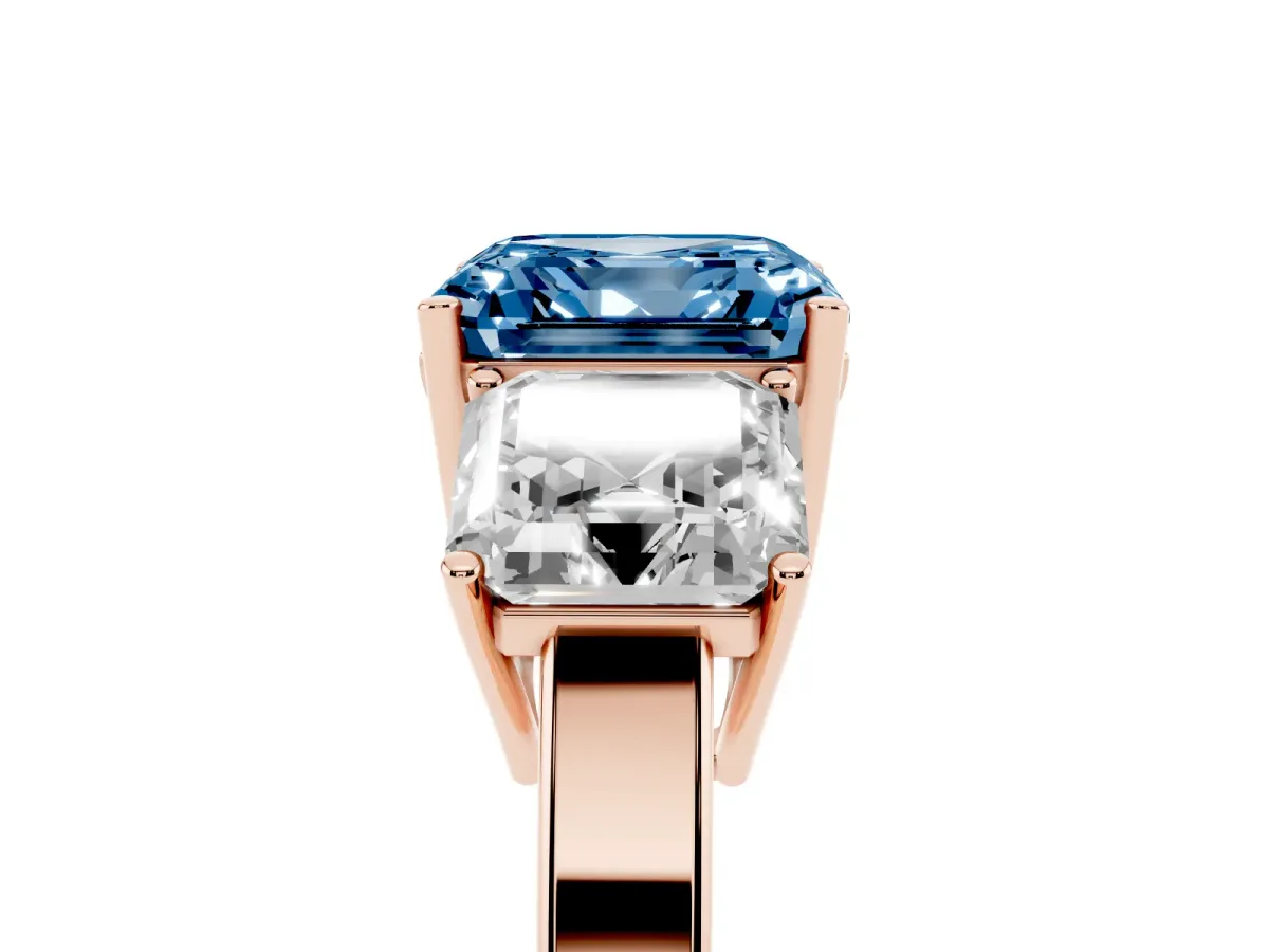 Fancy Blue Three-Stone Asscher Cut Cut Diamond Engagement Ring with Flat Band and Four-Prong Setting Rose gold