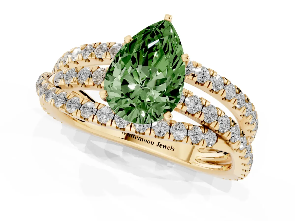 Fancy Green Pear Cut Solitaire Twist Band with Pavé Setting and Four-Prong Setting Yellow gold