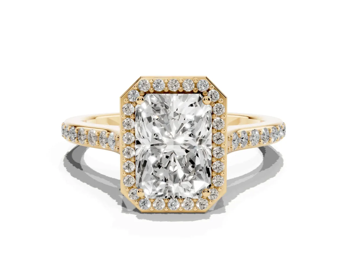 Radiant Cut Diamond Halo Engagement Ring with Round Pavé Shoulders and Prong Setting Yellow gold