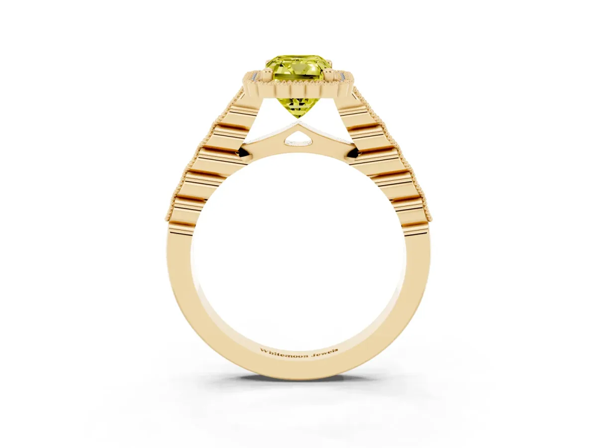 Fancy Yellow Radiant Cut Cut Halo Pavé Solitaire Ring with Milgrain Band Yellow gold