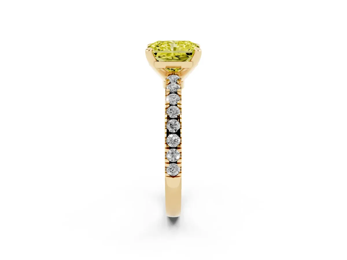 Fancy Yellow Radiant Cut Solitaire Diamond with Pavé Band and Four-Prong Setting Yellow gold
