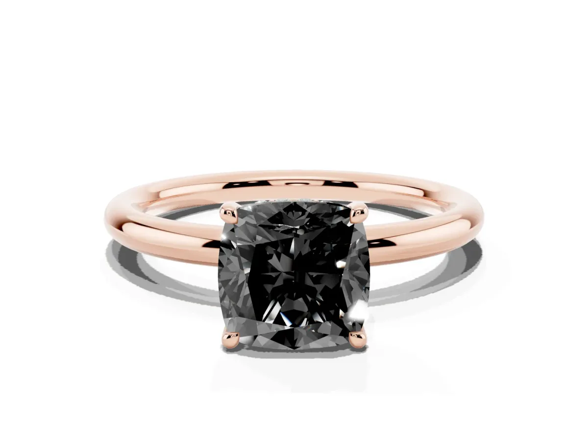 Fancy Black Cushion Cut Diamond Solitaire Ring with Thin Band and Four-Prong Setting Rose gold