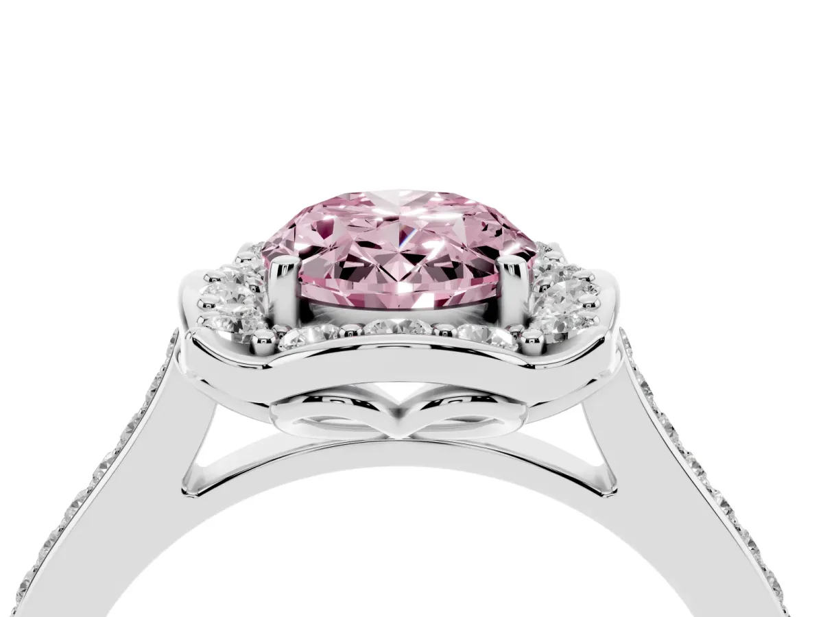Fancy Pink Oval Cut Halo Round Diamond Pave Band with Four-Prong Setting Silver