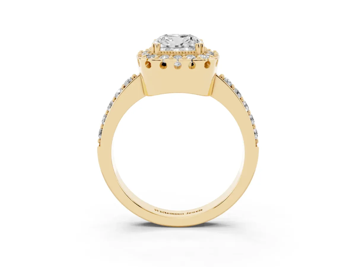 Cushion Cut Diamond Halo Ring with Pavé Band and Prong Setting Yellow gold