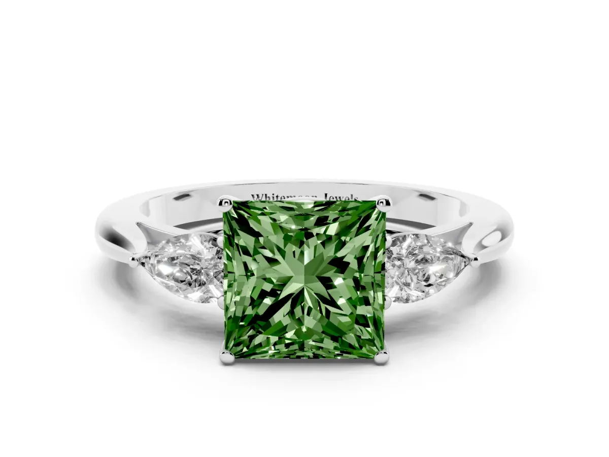 Fancy Green Three-Stone Princess Cut Diamond Ring with Pear Side Stones in Four-Prong Setting Silver