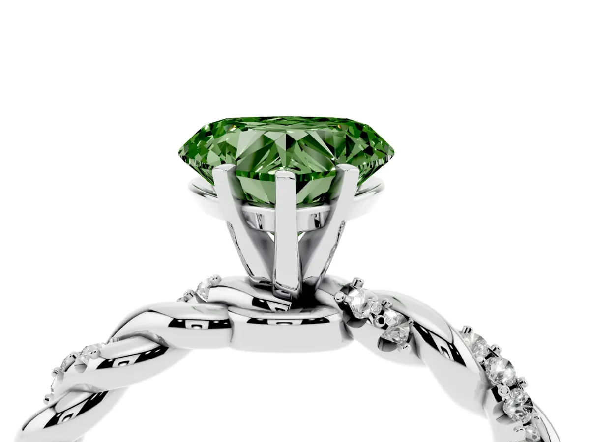Fancy Green Heart Cut Diamond Solitaire Ring with Twisted Band and Pavé Accents Silver