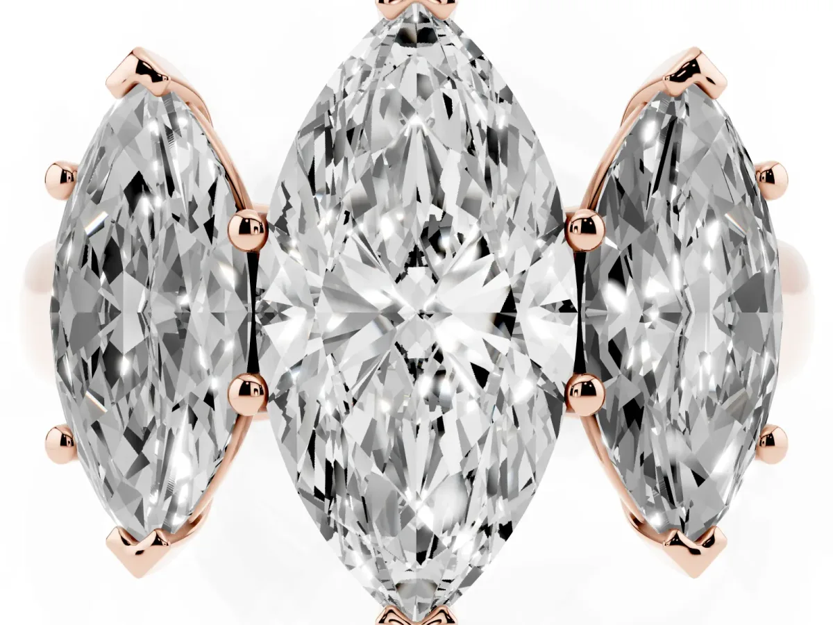 Marquise Cut Three-Stone Diamond Ring with Prong Setting on a Classic Band Rose gold