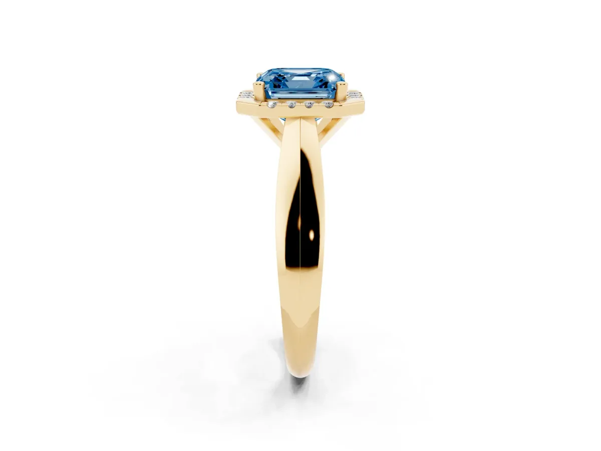 Fancy Blue Asscher Cut Cut Halo Solitaire Engagement Ring with Square Band and Four-Prong Setting Yellow gold